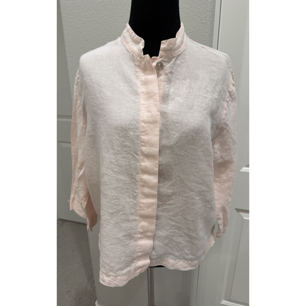 Bryn Walker Pink 100% Linen Tab Collar Shirt M Lagenlook Made in USA Cropped